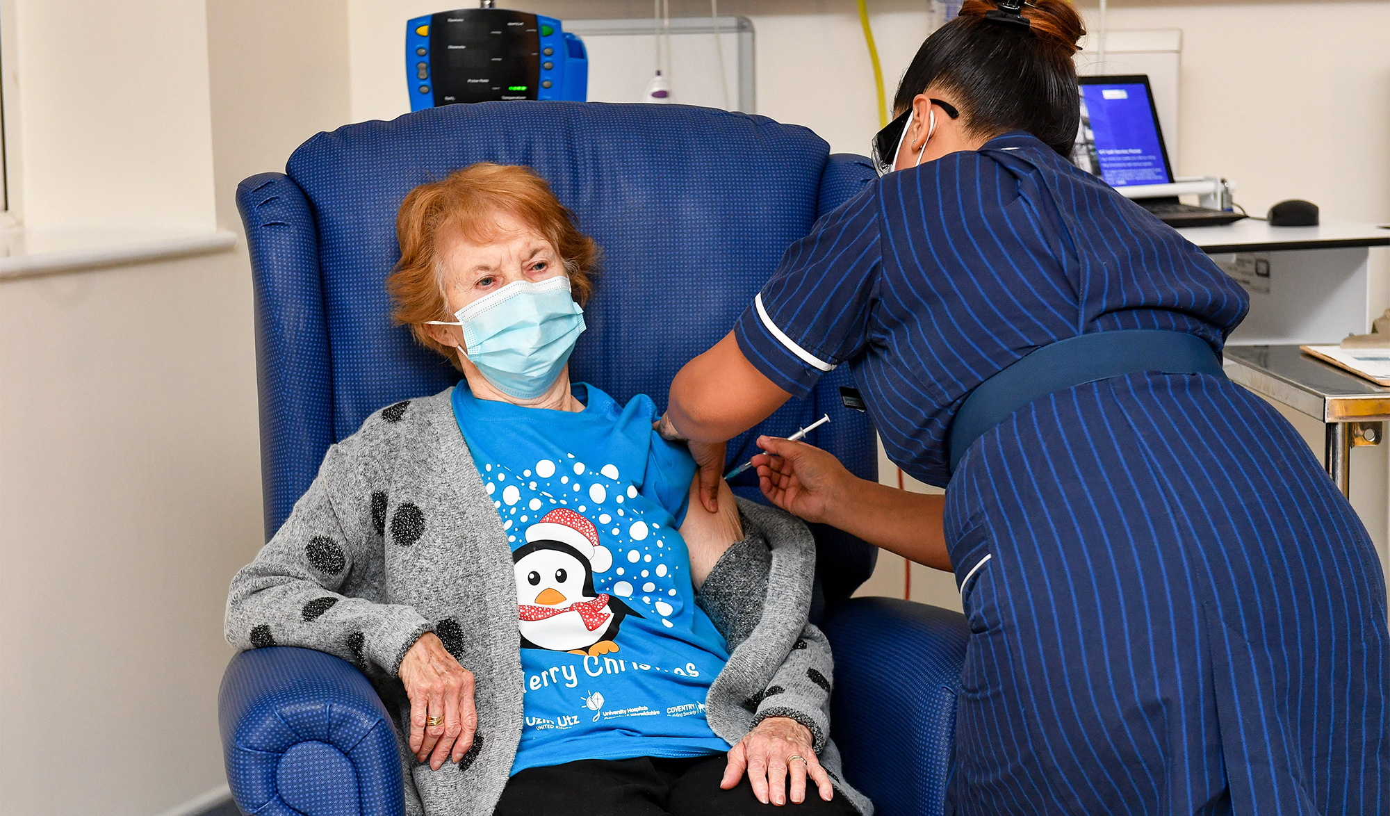 Margaret Keenan, 90, is the first patient in the United Kingdom to receive the Pfizer/BioNtech COVID-19 vaccine. (Getty Images photo by Jacob King)